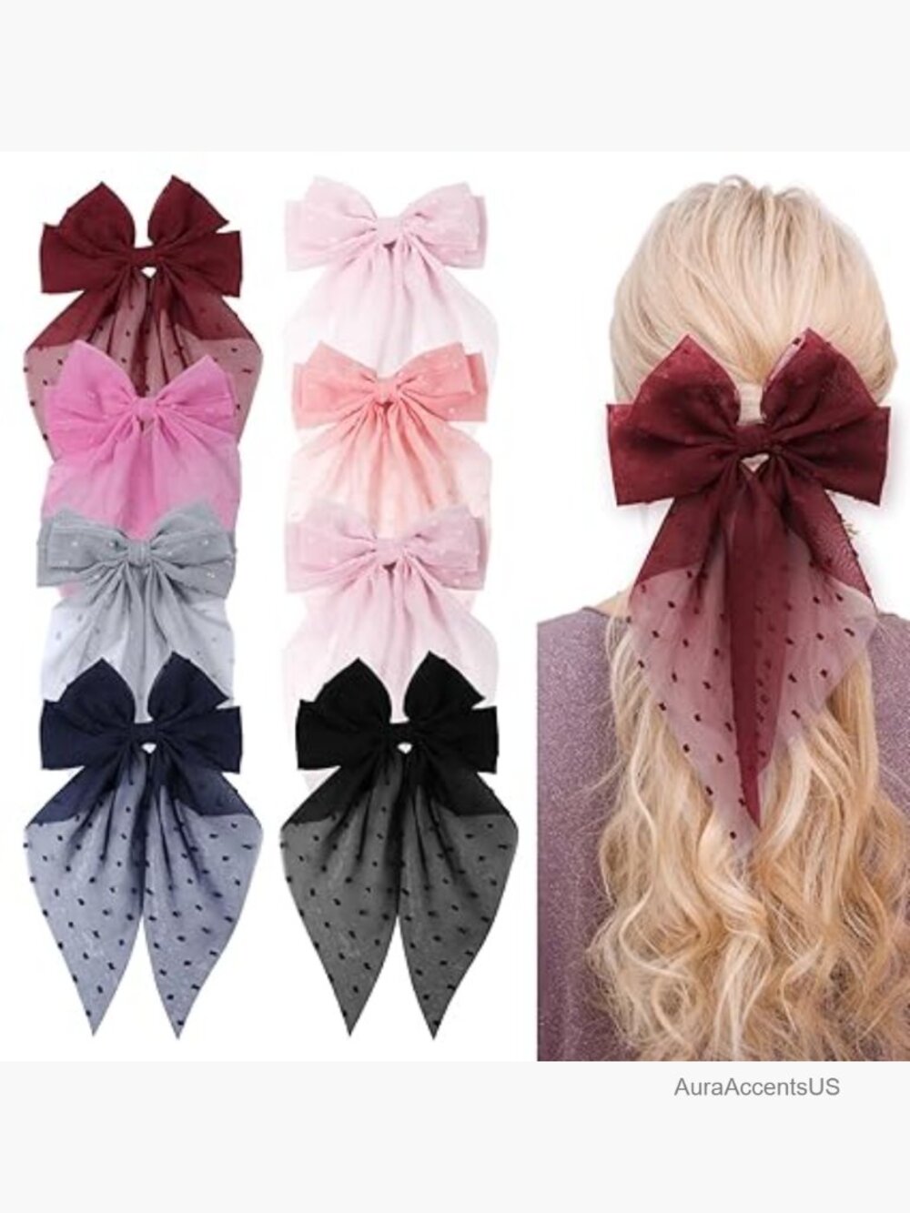 Elegant Large French Chiffon Hair Bows Set - 8 Pcs